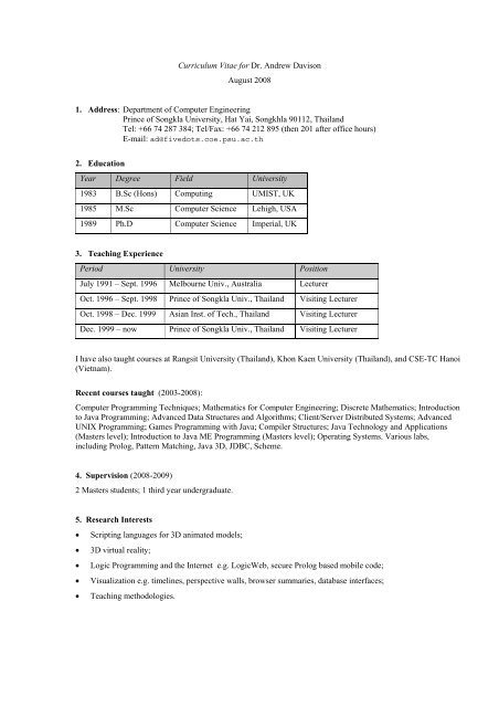 Curriculum Vitae for Dr. Andrew Davison August 2008 1. Address ...