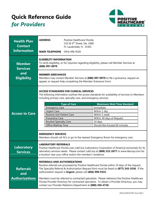 Provider Quick Reference Guide To Positive Healthcare Florida