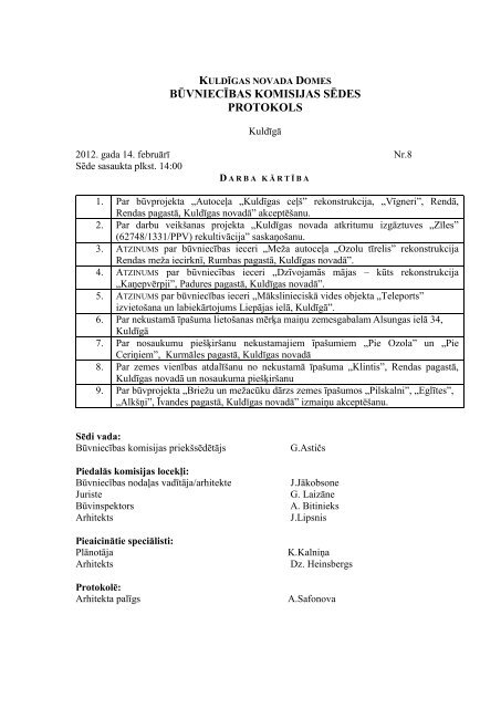 Būvniecības komisijas sēdes protokols - Kuldīga