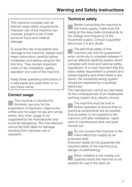 Operating instructions Built-in automatic coffee machine CVA ... - Miele