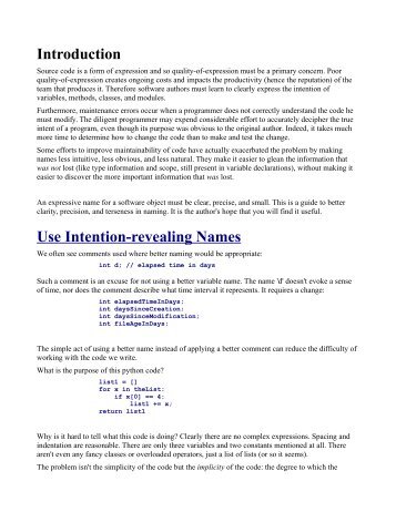 Introduction Use Intention-revealing Names - Object Mentor