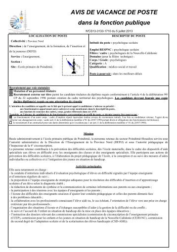 1710 MS PVN DEFIJ - Psychologue scolaire. - Province Nord