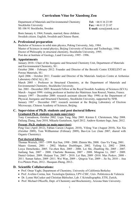 Curriculum Vitae for Xiaodong Zou - Department of Materials and ...