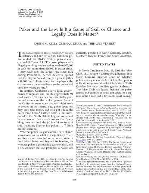 Poker and the Law - Economics of Casino Gambling