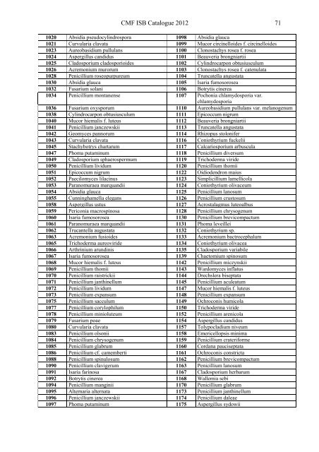 collection of microscopic fungi isb catalogue of strains