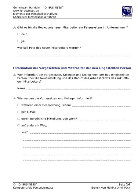 Checkliste Einstellungsverfahren - I.O. Business