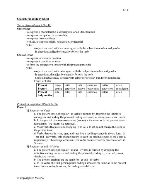 1 15 A C Copyrighted Material Spanish Final Study Sheet Ser Vs