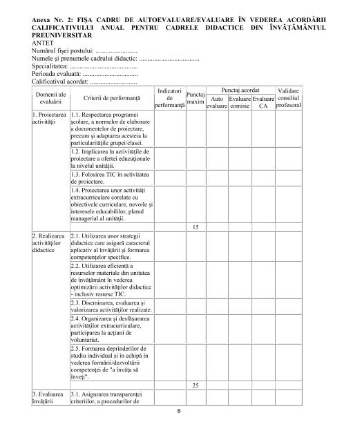 Anexa Nr. 2: FIÅA CADRU DE AUTOEVALUARE/EVALUARE ÃN ...