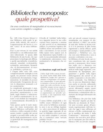 Biblioteche monoposto: quale prospettiva? - Biblioteche oggi