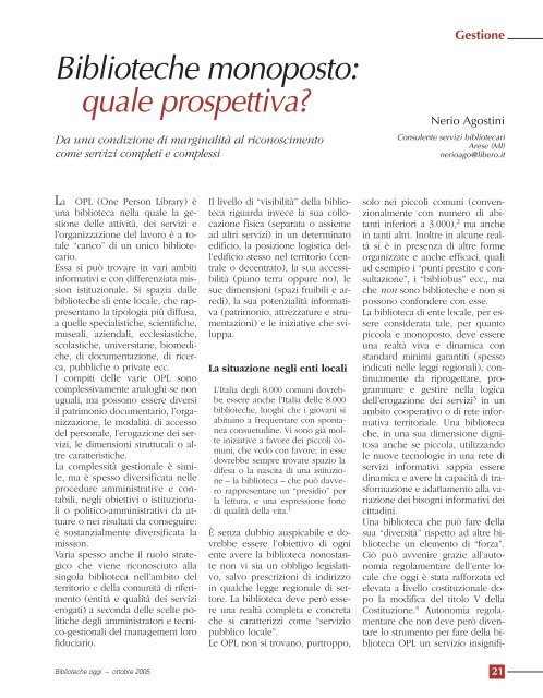 Biblioteche monoposto: quale prospettiva? - Biblioteche oggi