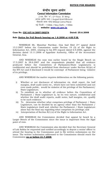 Notice for Hearing dated 25-6-2008 on - CIC