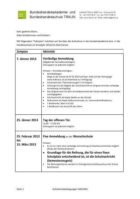 Anmeldefahrplan - HAK/HAS Traun