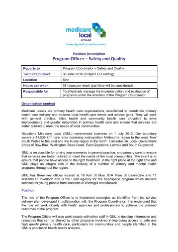 Program Officer â Safety and Quality - Gippsland Medicare Local