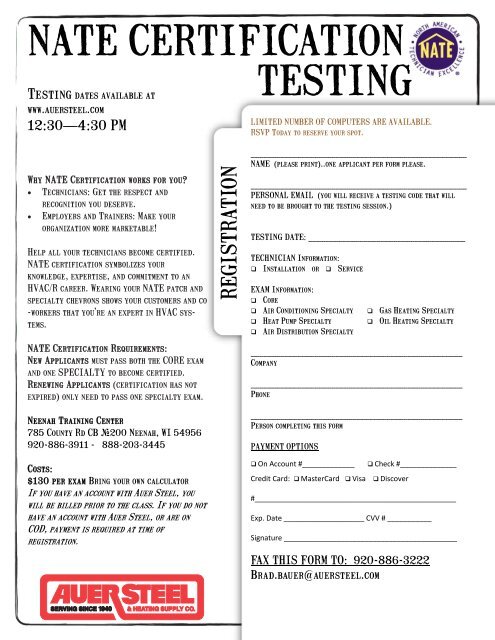 NATE Certification Testing Auer Steel Heating Supply Co NATE Certification Testing Auer Steel Heating Supply Co