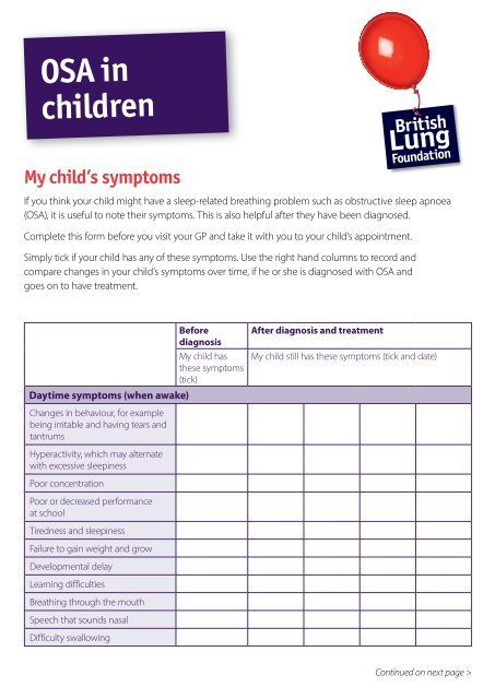 form about your child's symptoms - British Lung Foundation