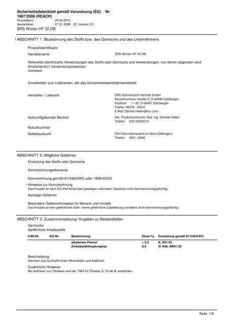 MSDS SRS Wiolan HF 32 DB - SRS Schmierstoff Vertrieb GmbH