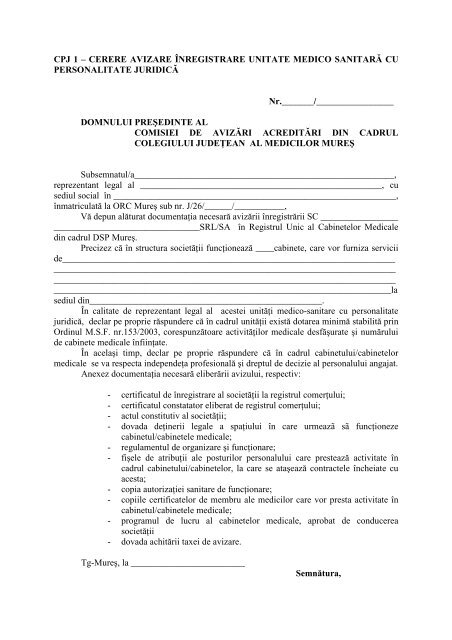 Cerere Avizare Inregistrare Unitate Medico Sanitara Cu Pera