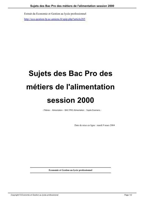 Sujets des Bac Pro des mÃ©tiers de l'alimentation session 2000