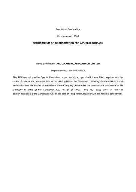 Memorandum of Incorporation for a Public Company