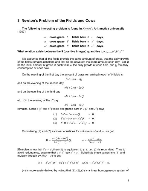 3. Newton's Problem of the Fields and Cows