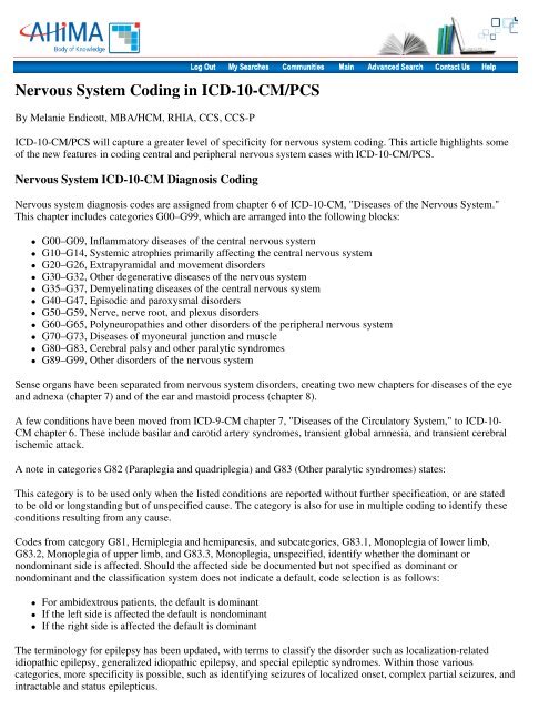 Nervous System Coding in ICD-10-CM/PCS