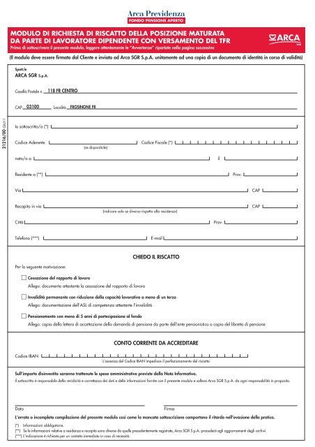 modulo di richiesta di riscatto della posizione ... - ARCA Previdenza