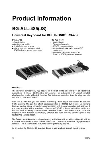 Product Information BG-ALL-485(JS) Universal Keyboard ... - Altram