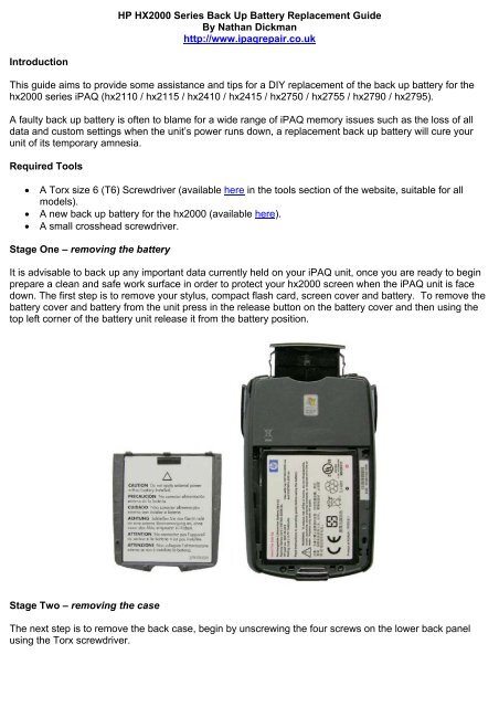 HP HX2000 Series Back Up Battery ... - iPAQ Repair and Parts