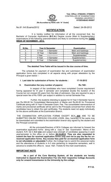 BCA Degree Course (Main and Supplementary) Examinations