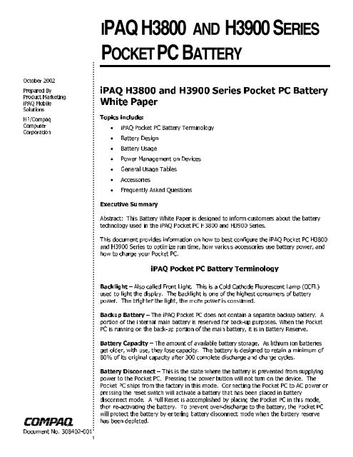 iPAQ H3800 and H3900 Series Pocket PC Battery - iPAQ Repair ...