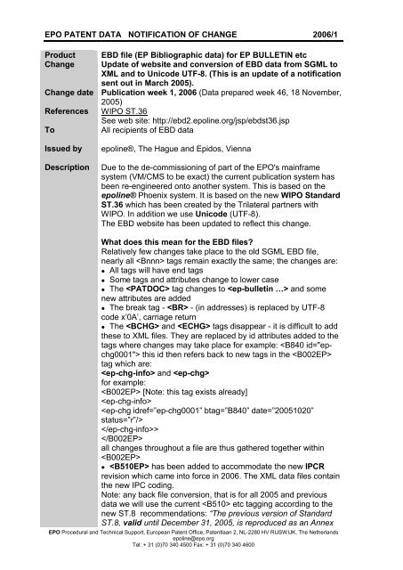 EPO PATENT DATA NOTIFICATION OF CHANGE 2006/1 Product ...