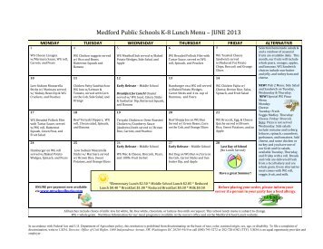 Medford Public Schools K-8 Lunch Menu Ã¢Â€Â“ JUNE 2013