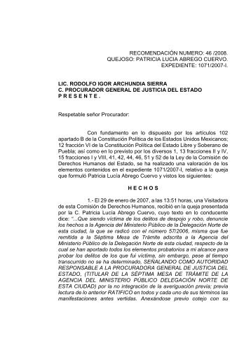 recomendaciÃ³n numero: 46 /2008. quejoso: patricia lucia abrego ...