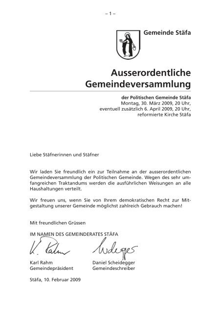 Ausserordentliche Gemeindeversammlung - Gemeinde StÃƒÂ¤fa