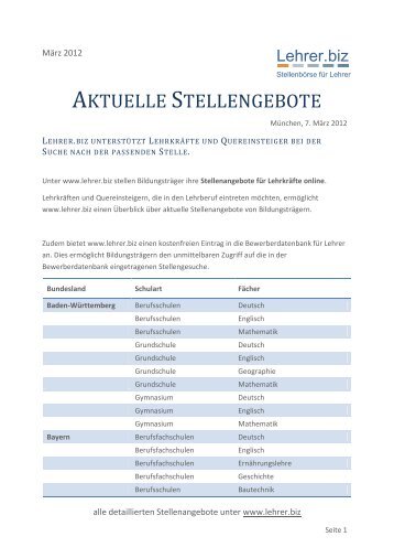 Lehrer.biz: Aktuelle Stellenangebote (MÃ¤rz 2012)