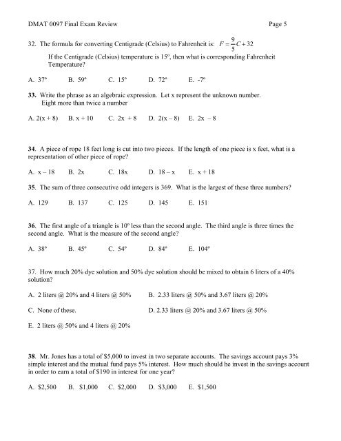 Final Exam Review DMAT 0097 Richland College