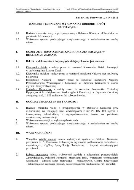 Specyf techn warunków do Umowy - PWiK Dąbrowa Górnicza