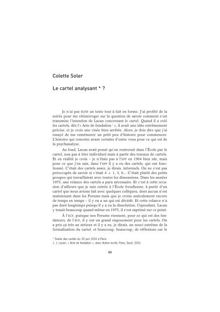 Colette Soler Le cartel analysant * ? - Internationale des Forums