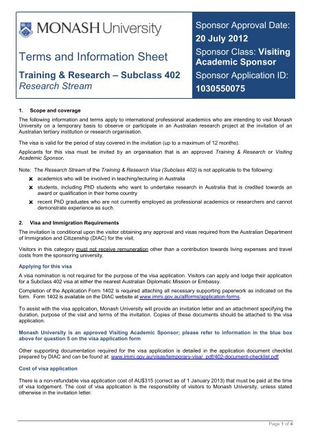 Terms Sheet For Visiting Academics 402 Visa Research Stream