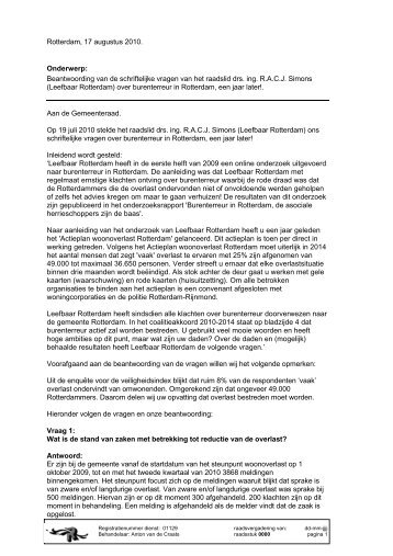 Raadsvoorstel - schriftelijke vragen - Leefbaar Rotterdam
