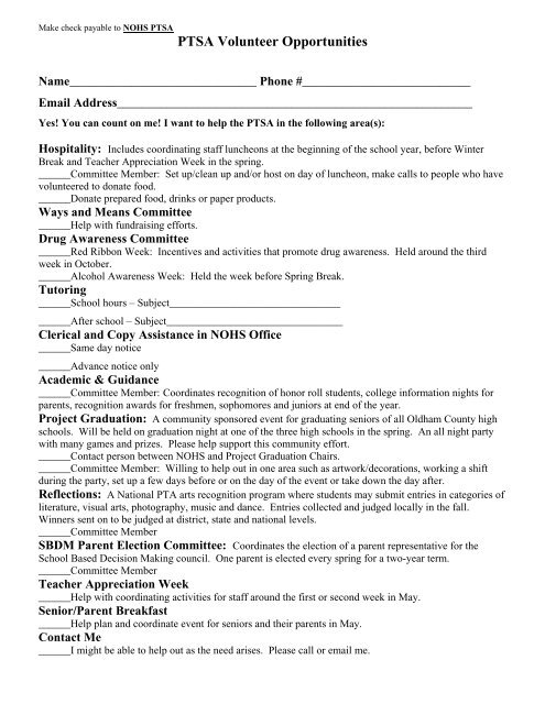 PTSA Membership and Volunteer Form - Oldham County Schools