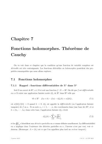 Chapitre 7 Fonctions holomorphes. ThÃ©or`eme de Cauchy - lpthe