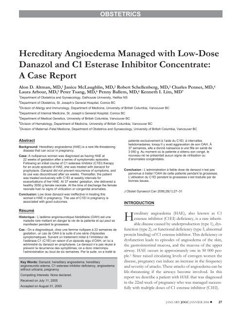 Hereditary Angioedema Managed with Low-Dose Danazol ... - JOGC