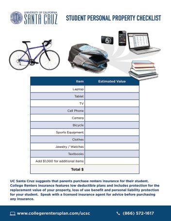 STUDENT PERSONAL PROPERTY CHECKLIST - UC Santa Cruz ...