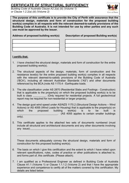 Certificate of Structural Sufficiency Application Form - City of Perth