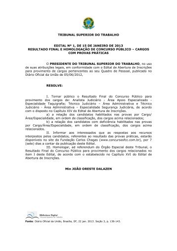 tribunal superior do trabalho edital nÂº 1, de 15 de janeiro de 2013 ...