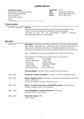 CV de Laetitia Gauvin - Laboratoire de Physique Statistique - Ens
