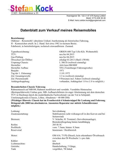 Datenblatt zum Verkauf meines Reisemobiles - Suleica Orion Club