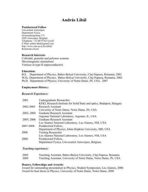 CV in pdf format - Condensed Matter Theory - Universiteit Antwerpen