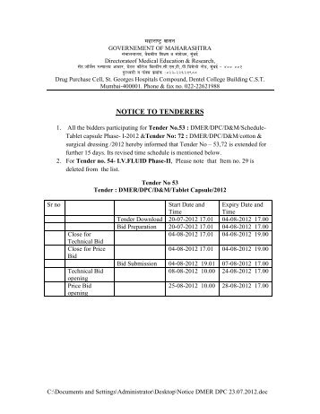 Notice for Extension of Tenders - DMER